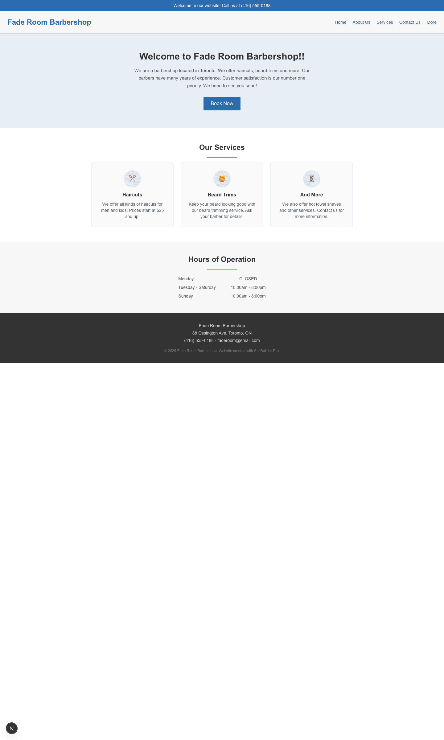 A barbershop website made with a template builder