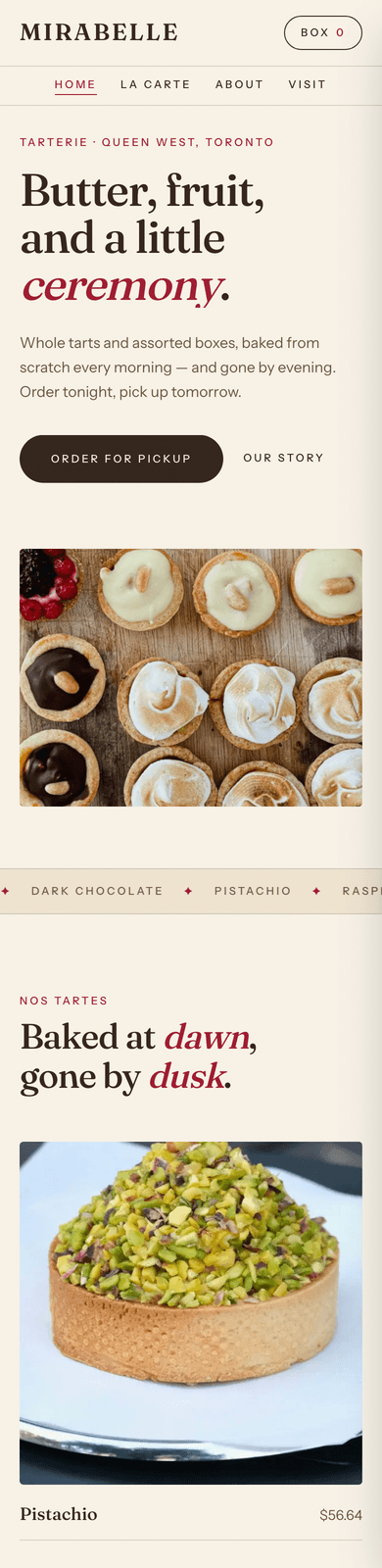 Mirabelle Tarterie concept website on a phone